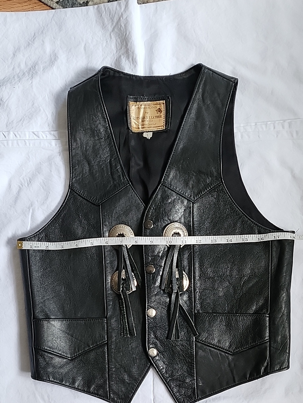 Espinozas Black Leather Vest with Concho Tassel Details Size S - Picture 7 of 9